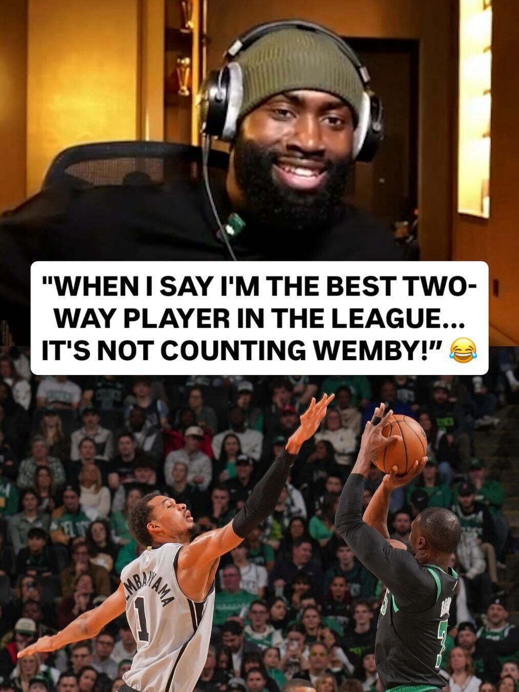 “He’s not even human. I’m the best human player.” - @fchwpo on @wemby. (via FCHWPO/Twitch) Two 2-way studs face off tonight 🍿 SAS/BOS • 8:00pm/et • NBC & Peacock