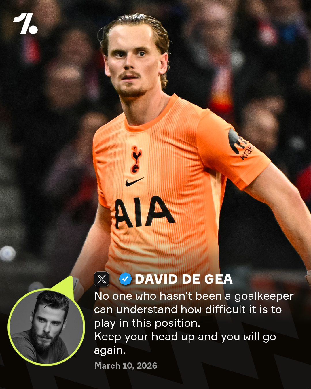 David de Gea sends a message of support to Tottenham goalkeeper Antonín Kinský 🧤❤️

After conceding three goals in just 15 minutes, including two errors, 22-year old Kinský had a Champions League debut to forget 🥺
