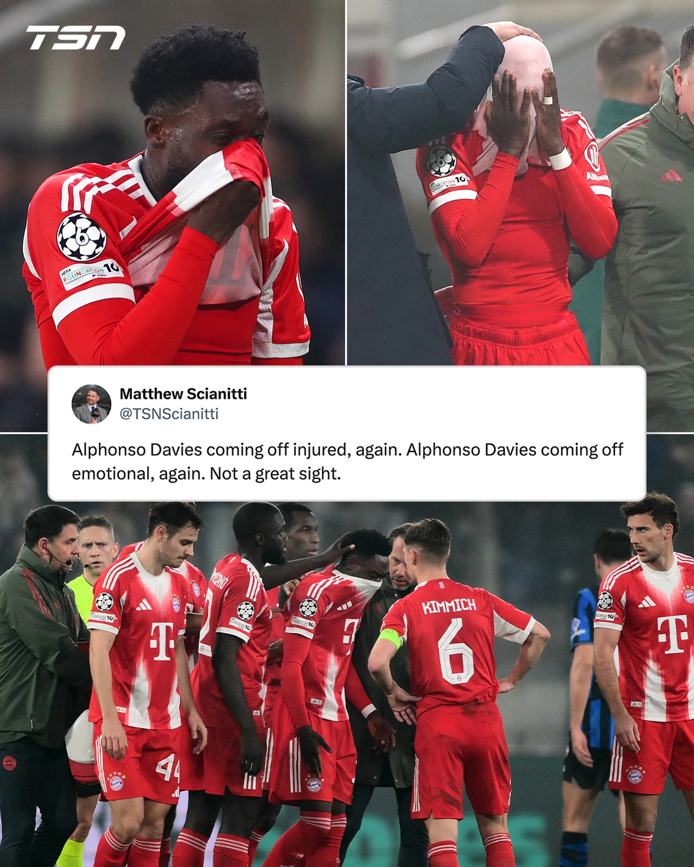An emotional Alphonso Davies left Bayern’s Champions League match today against Atalanta with an apparent injury.

(h/t @tsn_scianitti)