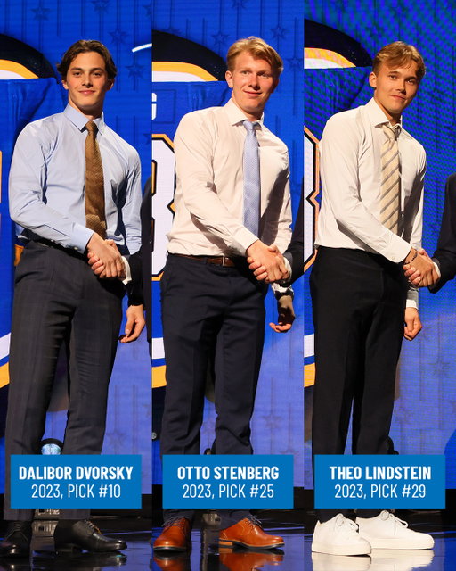 In 2023, Dalibor Dvorsky, Otto Stenberg and Theo Lindstein were all drafted by the Blues in the first round. 

On Tuesday, all three wore the 'Note together for the first time.