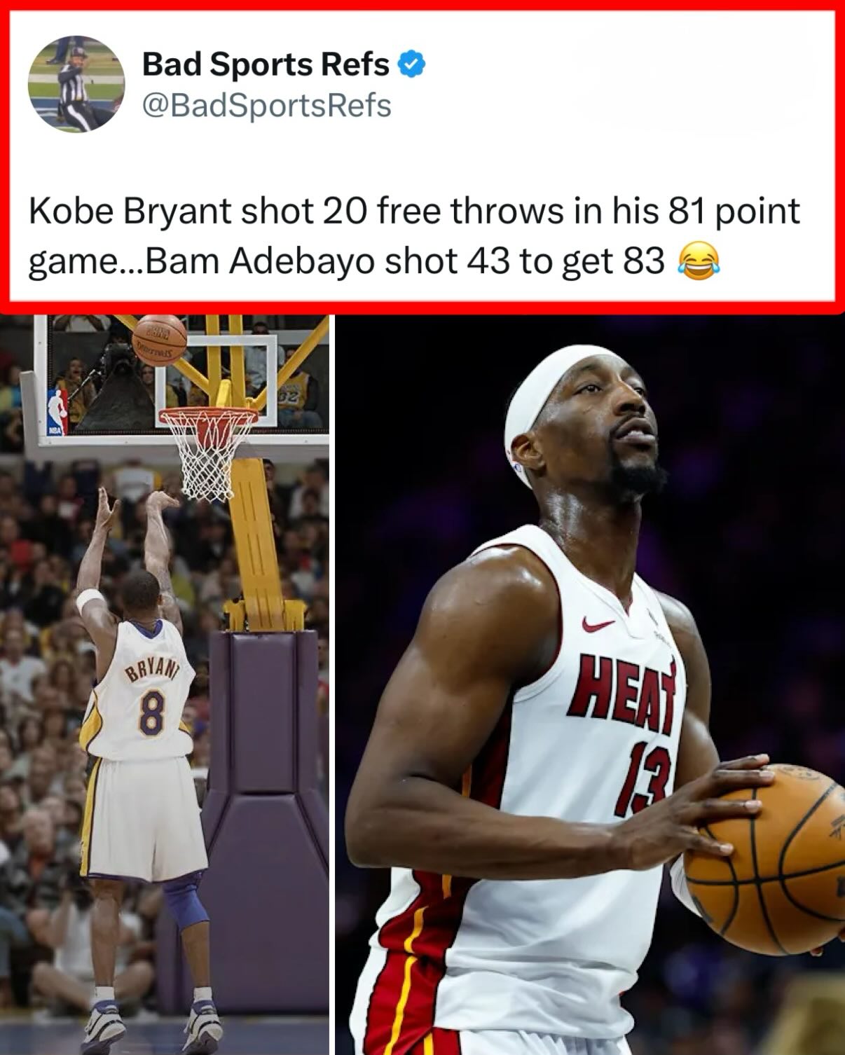 What are your thoughts on Bam Adebayo taking 43 free throws to beat Kobe’s scoring record? 🤔

(H/T: BadSportsRefs/X)