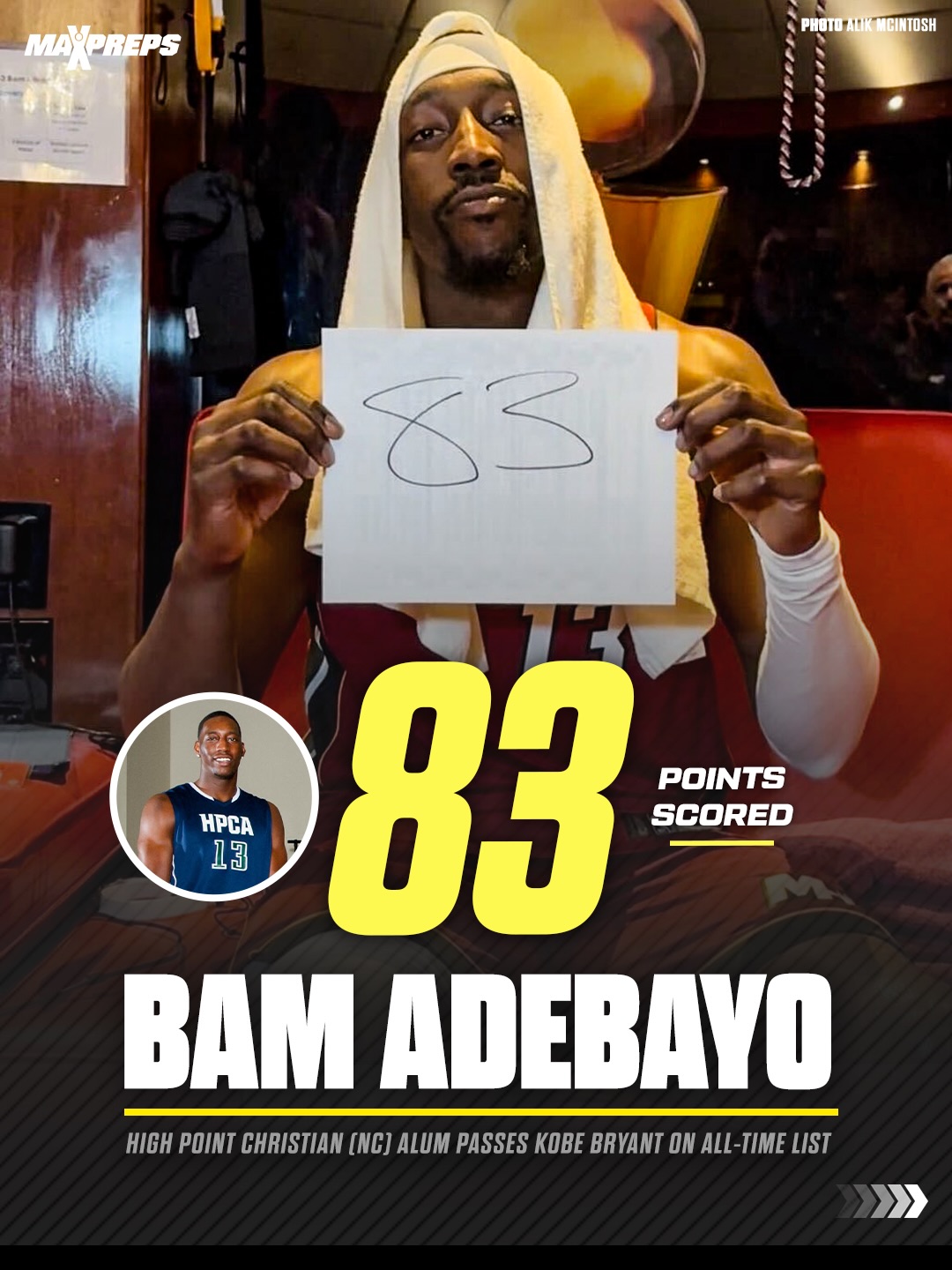 Bam Adebayo makes history 🤯 Miami Heat star scores 83 points, and passes Kobe Bryant on NBA single-game scoring list 🔥🏀

Adebayo starred at High Point Christian (NC) in high school before heading to University of Kentucky.

( via @nba )