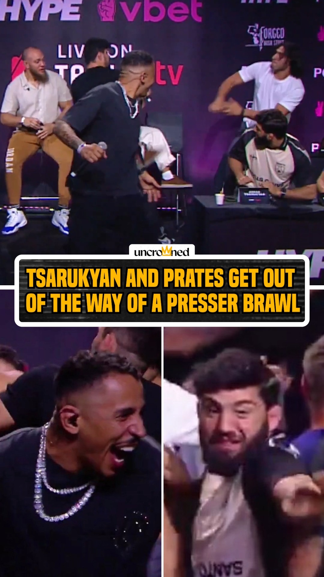 A brawl broke out at the Hype Brazil press conference and Carlos Prates looked like he was having the time of his life –  Arman Tsarukyan wanted no part of it 😅
