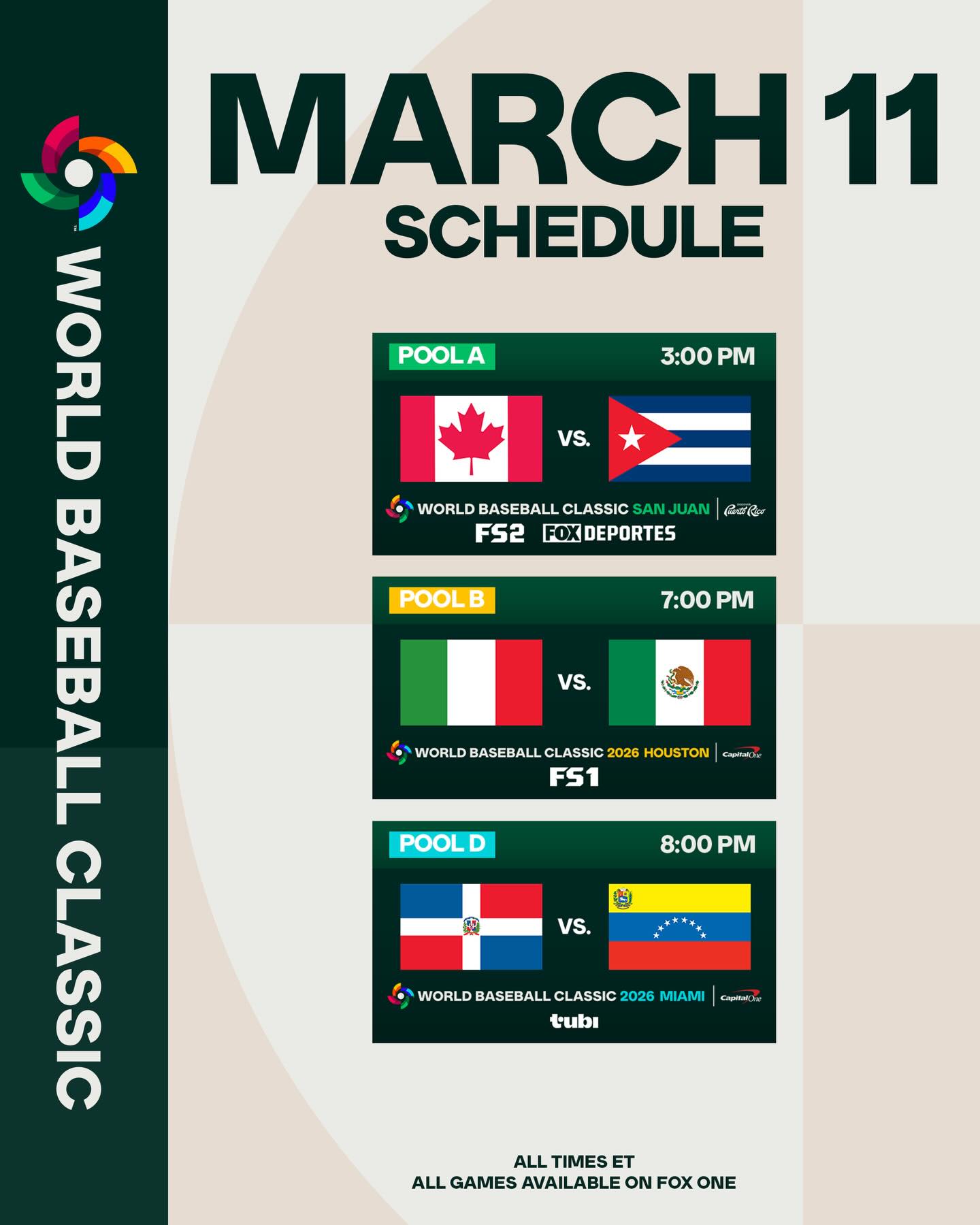 -It’s win or go home between Team Canada and Team Cuba in Pool A
-Winner of Team Italy vs. Team Mexico to advance to quarterfinals - with outcome determining Team USA’s fate
-Team DR, Team Venezuela face off with both at 3-0 in Pool D

It’s a HUGE day in the #WorldBaseballClassic!