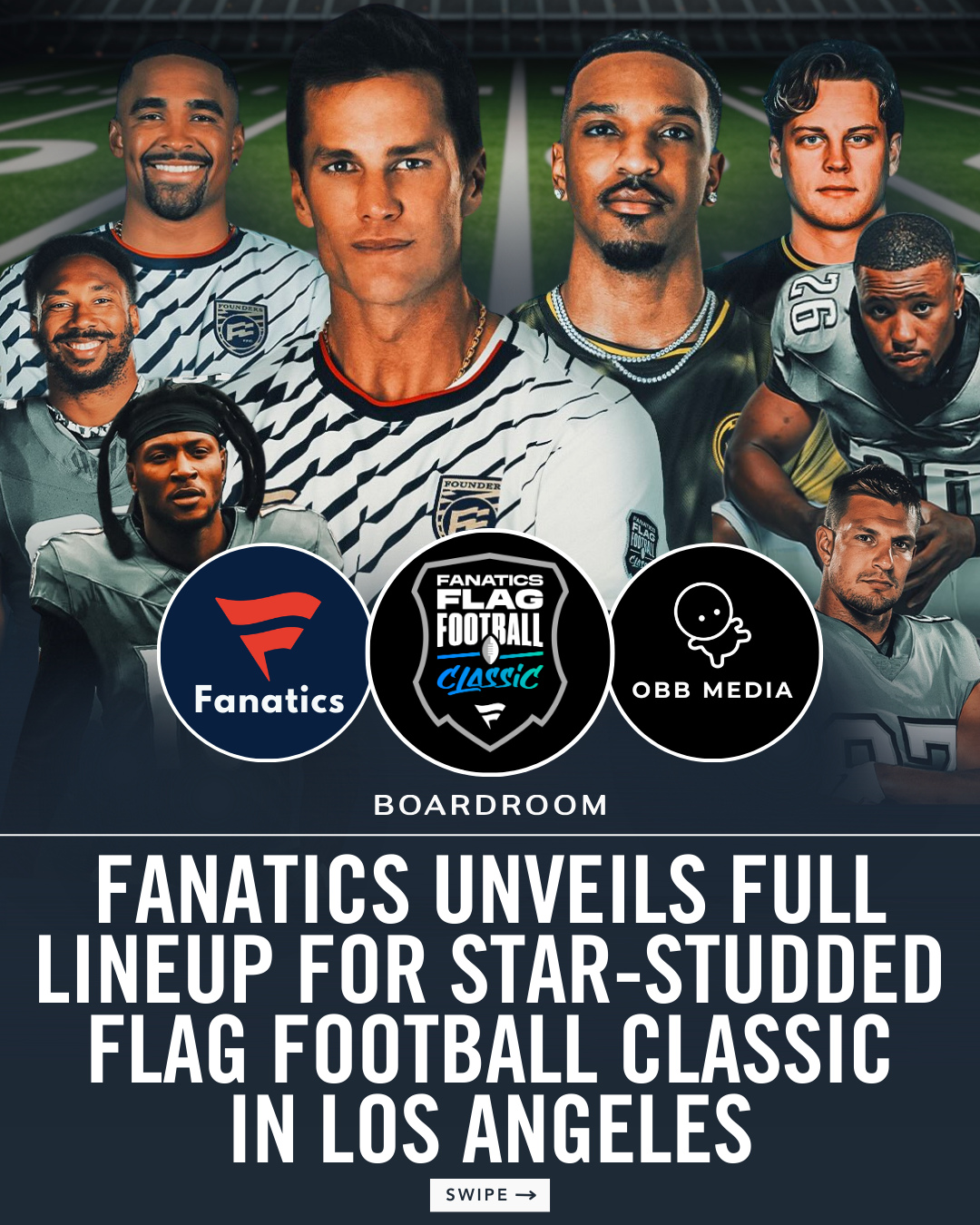 New additions include Alvin Kamara, Davante Adams, DeVonta Smith, Deebo Samuel, Von Miller, Jalen Ramsey, Ashton Jeanty and IShowSpeed — joining previously announced stars like Tom Brady, Joe Burrow, Jalen Hurts, Saquon Barkley, Gronk, Myles Garrett and OBJ.⁠
⁠
Three 12-player teams will compete, including two squads of NFL stars and global athletes alongside the USA Football Men’s National Team, the reigning IFAF Flag Football world champions.⁠
⁠
Produced by Fanatics Studios, the joint venture between Fanatics and OBB Media, the event will air live from LA's BMO Stadium on March 21 across FOX Sports, FOX One, and Tubi.⁠
⁠
(📸: @fanatics)