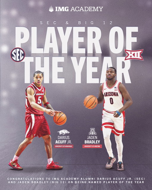 Running the SEC and Big 12? Just IMG Academy alumni things 😤🏀

@dariusacuff5 takes SEC Player of the Year and Freshman of the Year at Arkansas while @jbsmoovve brings home Big 12 Player of the Year at Arizona, with both guards also earning Bob Cousy Award finalist honors. Congrats fellas 👏