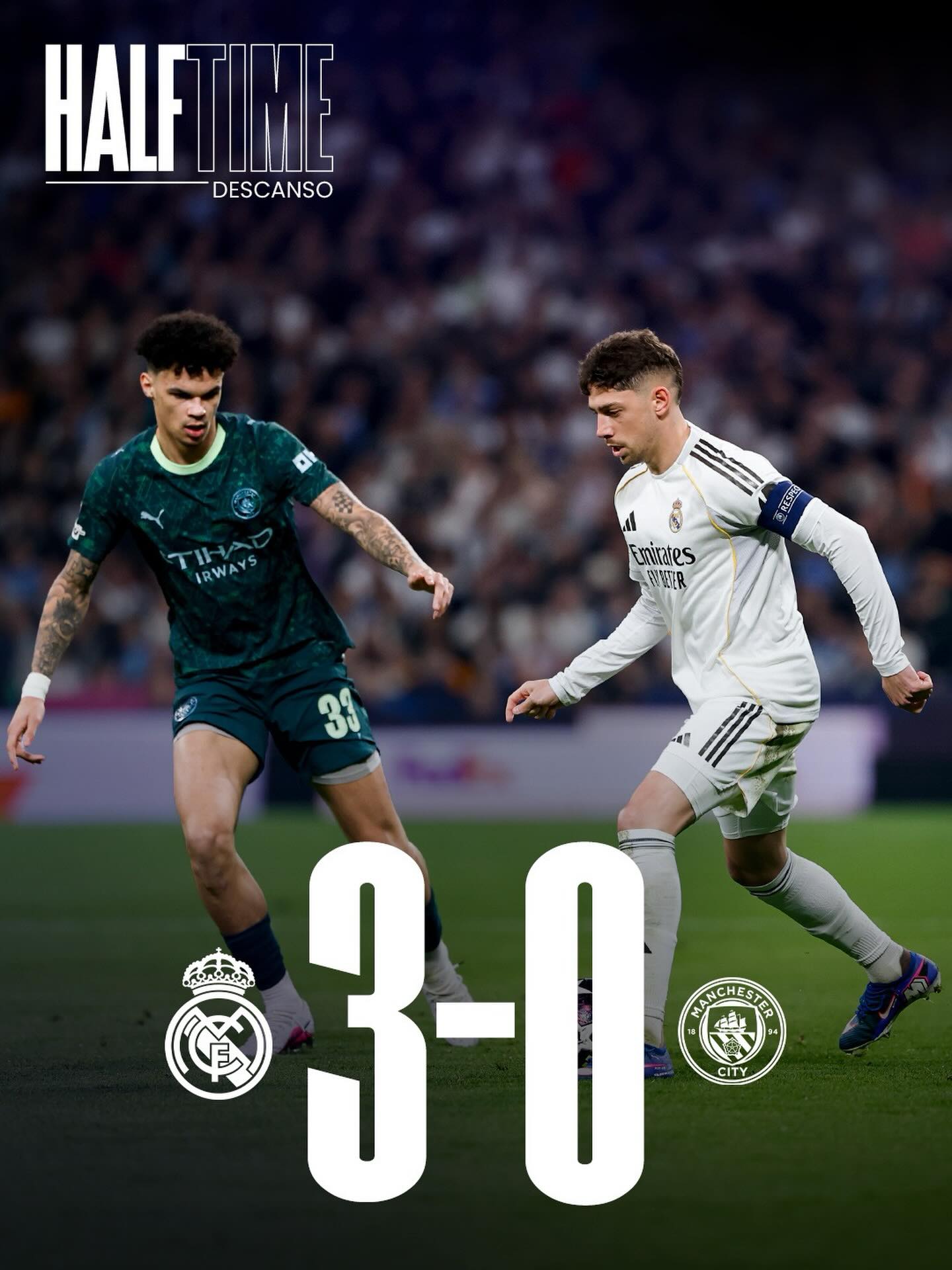 ⏸️ HT: Real Madrid 3-0 Manchester City
⚽ 20’ @fedevalverde 
⚽️ 27’ @fedevalverde 
⚽️ 42’ @fedevalverde 
#UCL