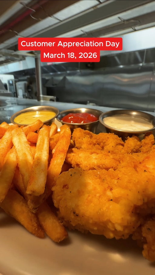 March 18th. Just $10 for our hand-battered chicken tenders and fries on Customer Appreciation Day. Feeling frosty? Add a 22 oz TP Draft for $2 more. Don't miss it. March 18.