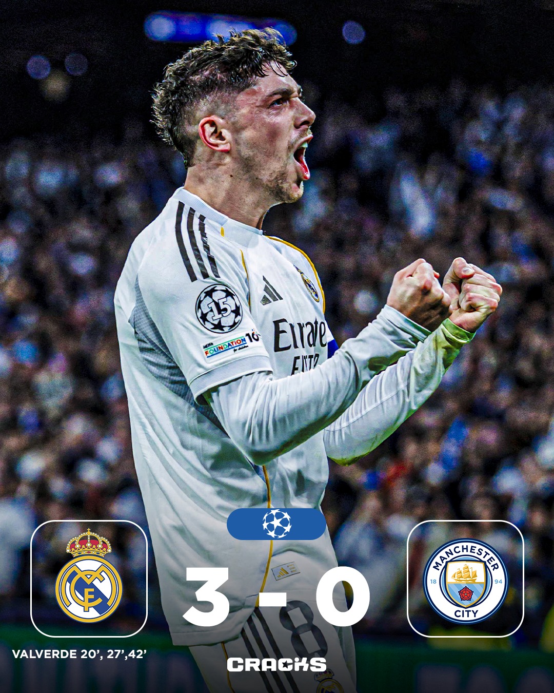 ➟ 𝙁𝙄𝙉𝘼𝙇 | Real Madrid 3-0 Manchester City

𝐆𝐎𝐋𝐄𝐀𝐃𝐀. Valverde, héroe del HAT-TRICK.

Octavos Ida 🗓 | Champions League 🇪🇺