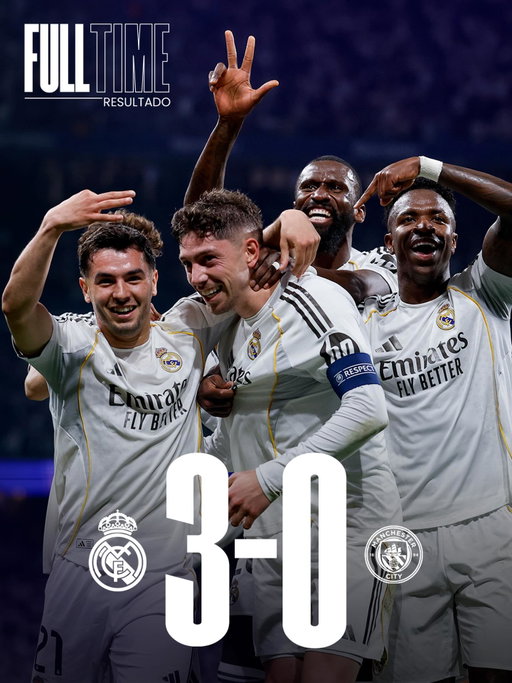 🏁 FT: Real Madrid 3-0 Manchester City
⚽ 20’ @fedevalverde
⚽️ 27’ @fedevalverde
⚽️ 42’ @fedevalverde
#UCL