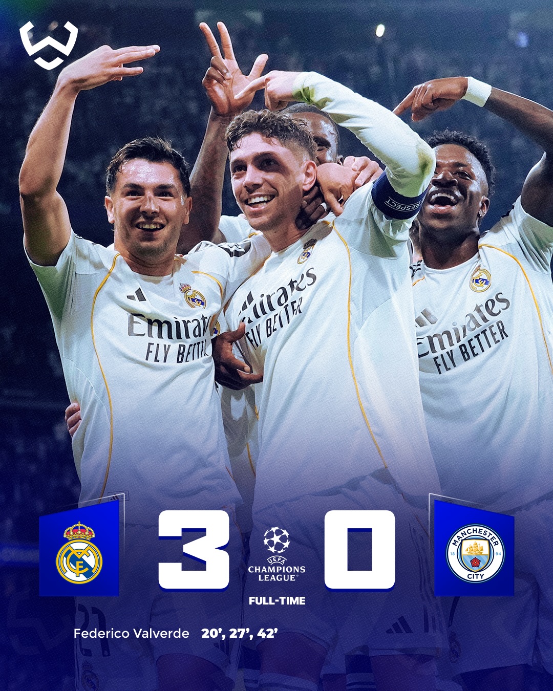 Real Madrid beat Manchester City 3-0 in the first leg of the UCL Round of 16 🤯🔥

Fede Valverde scored a first half hat trick to give Madrid a big advantage heading to the Etihad.