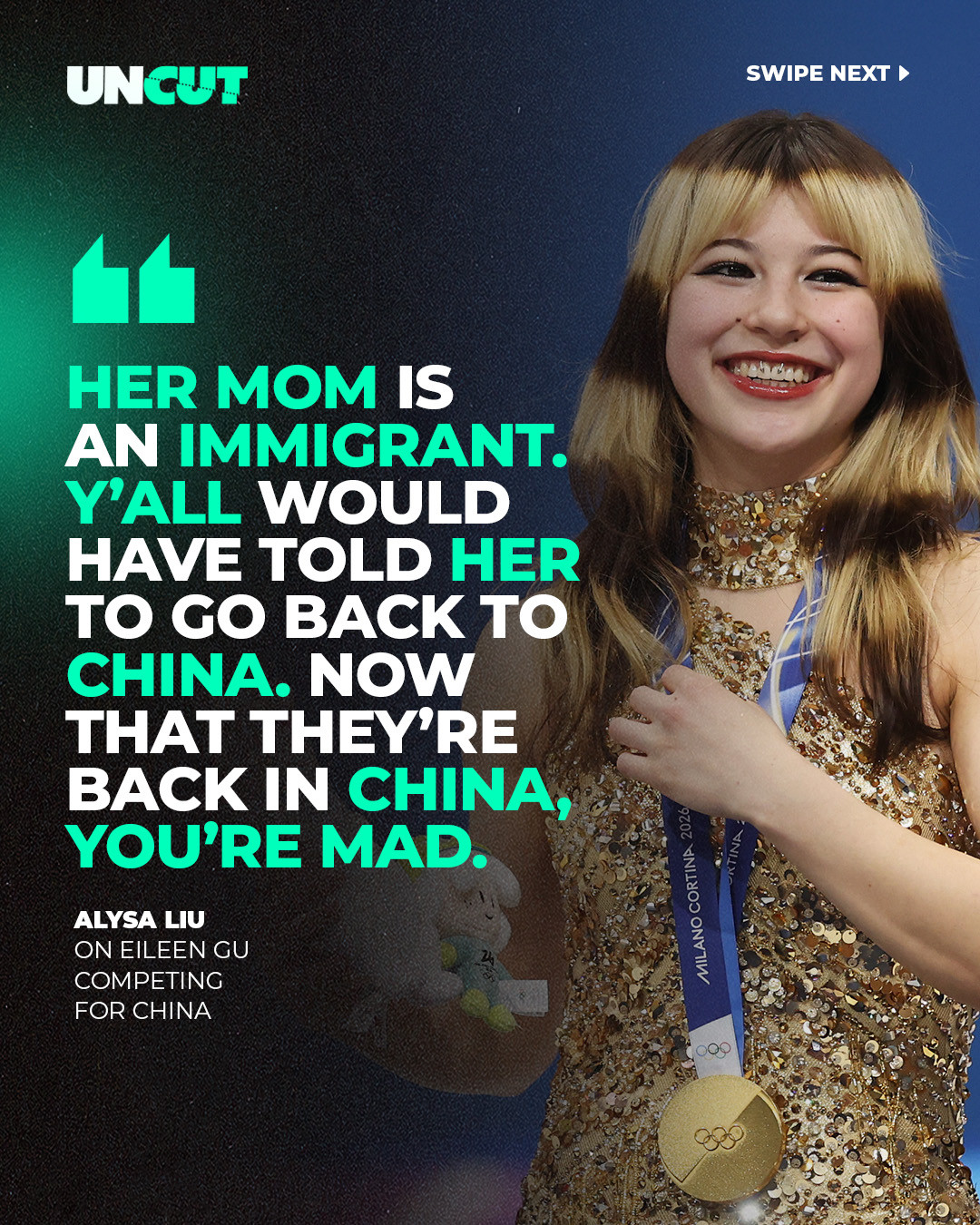 Olympic champion Alysa Liu is defending Eileen Gu over criticism for representing China 🇨🇳⁠
⁠
Speaking to The New York Times, the 20 year old said people criticizing Gu’s decision are being hypocritical. Liu argued that since Gu’s mother is an immigrant, some of the same critics would have previously told her to “go back to China,” yet now they are upset that she actually represents the country 👀⁠
⁠
What do y’all think⁉️🤔