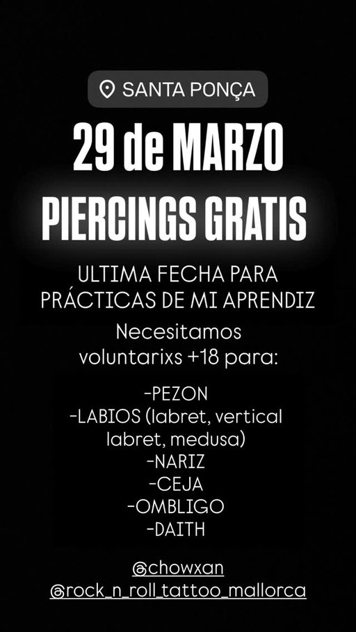 En @rock_n_roll_tattoo_mallorca estan de practicas y neceistan voluntarixs mayores de 18 años para realizar piercings gratuitos de mi aprendiz @chowxan bajo mi supervisión.

Para mas informacion mandame MD

🖤