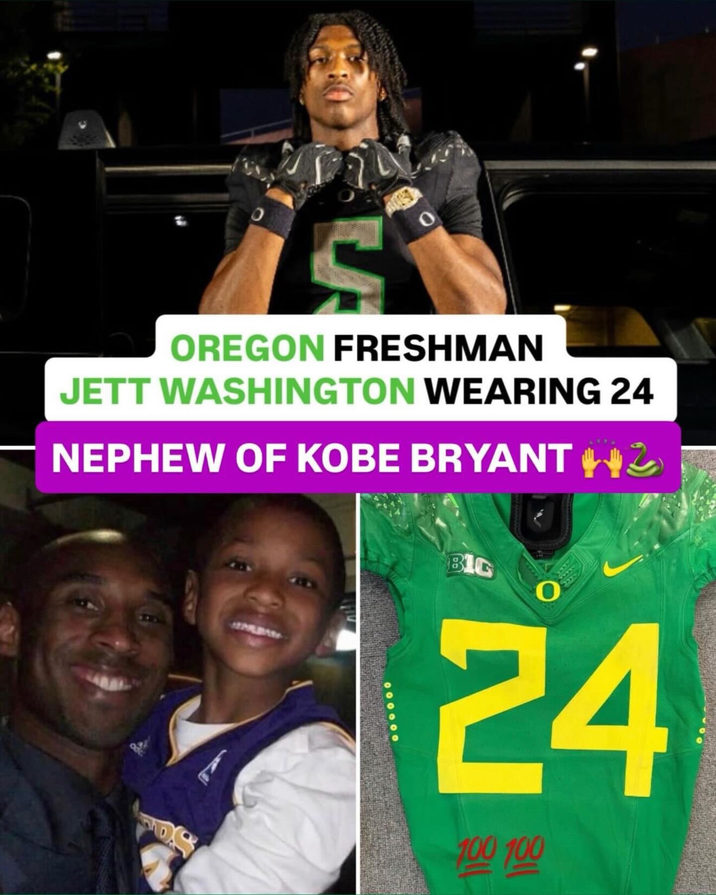 Jett Washington will be wearing No. 24 at Oregon 🦆

Carrying on the family legacy for his uncle Kobe Bryant 💜🐍

(via @_.jett_, @goducks, @oregonfootball)