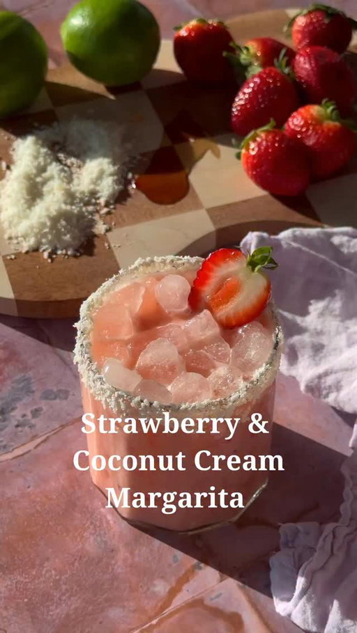 🍓🥥

5 strawberries 
.25 oz agave
.5 oz fresh lime juice
.5 oz cream of coconut (I used Coco Real Cream of Coconut)
.5 oz orange liqueur 
1.5 oz canned coconut cream
1.5 oz tequila 
Coconut flakes for glass
Strawberry for garnish 

Start by rimming your cocktail glass with agave and coconut flakes, set in the freezer while you make the cocktail. 
Add strawberries,lime, cream of coconut, and agave to a cocktail shaker and muddle. Add in coconut cream, orange liqueur, tequila, and ice, shake until cold. Strain into your prepared glass filled with ice and garnish.

#cocktailrecipes #easyrecipes #drinksathome #strawberrymargarita