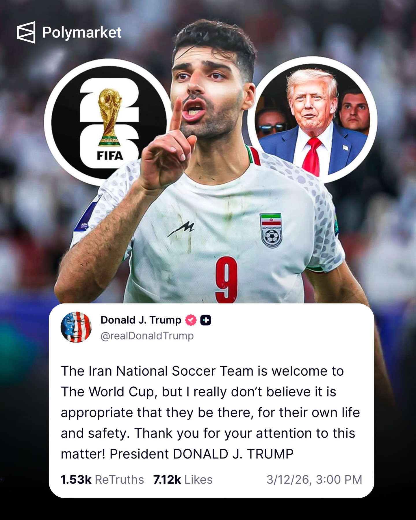 🚨📲 𝗕𝗥𝗘𝗔𝗞𝗜𝗡𝗚: Donald Trump on Truth Social, recommending that Iran should not attend the World Cup.

😬🇮🇷