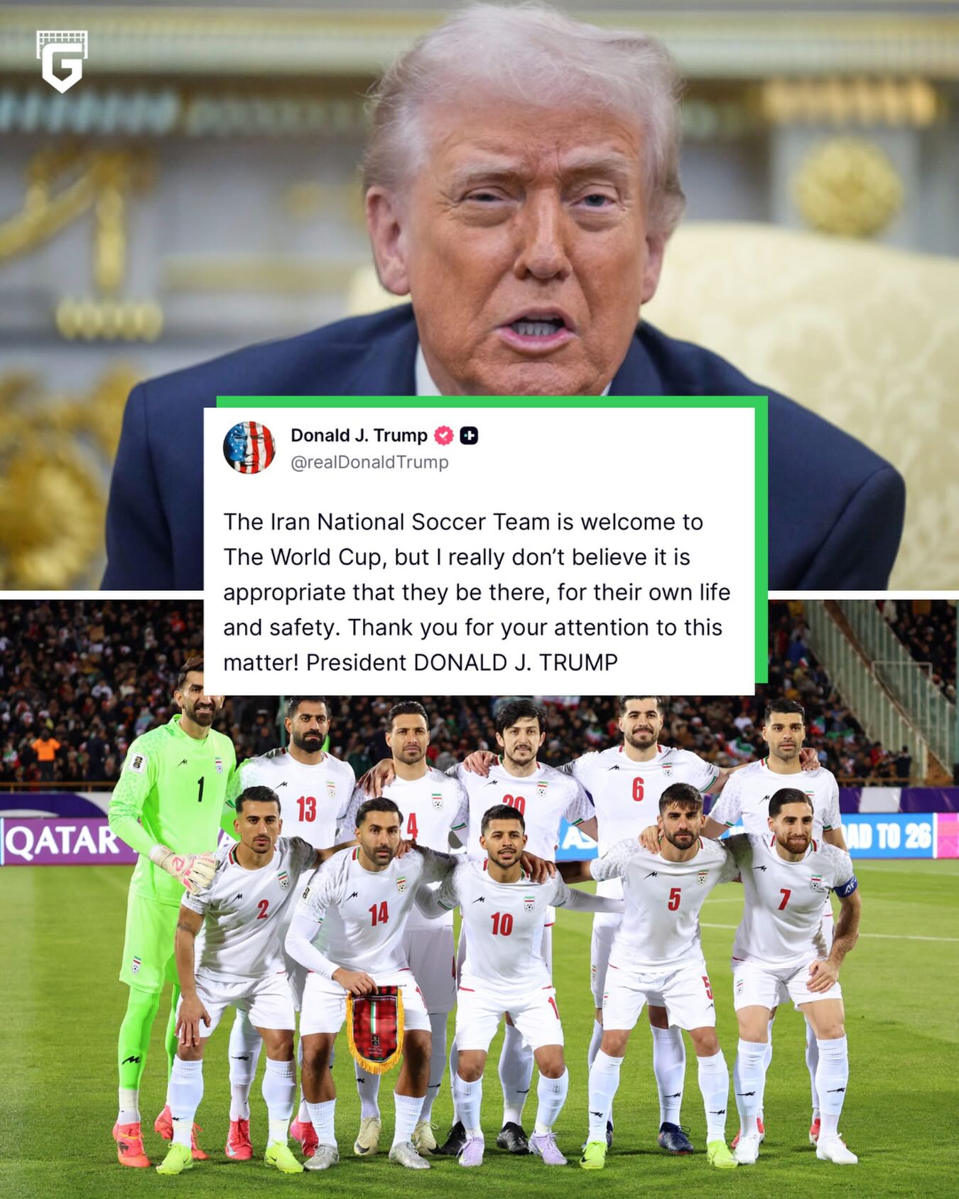 Donald Trump revealed on his platform, Truth Social, recommending that Iran should not attend the World Cup... 🤯🇮🇷

“The Iran National Soccer Team is welcome to The World Cup, but I really don’t believe it is appropriate that they be there, for their own life and safety. Thank you for your attention to this matter! President DONALD J. TRUMP”

Recently, the Iranian womens national team saw players seek asylum in Australia after a qulifier match, scared to return due to their active protest during the national anthem 😳