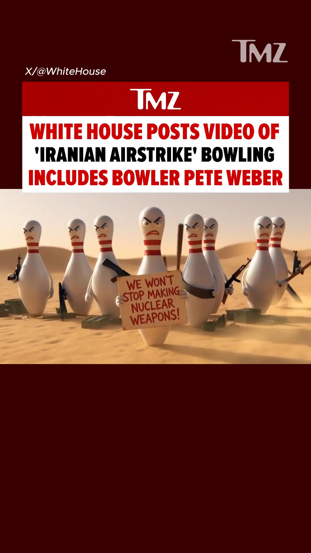 The White House posted a video using professional bowler Pete Weber where it displayed "Iranian Regime Officials" as bowling pins getting hit with an American flag bowling ball...

🖋️: Aiden @aidenjmarks