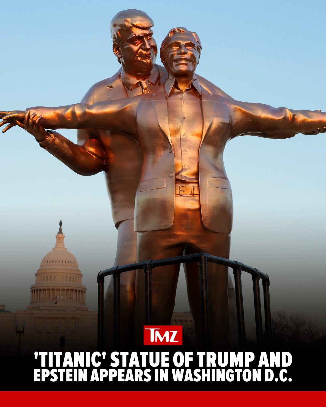 A statue of Donald Trump and Jeffrey Epstein inspired by Jack and Rose's iconic “Titanic” pose has appeared on the National Mall. 😳

The statue was created by an anonymous group of artists called The Secret Handshake.

📸: Getty