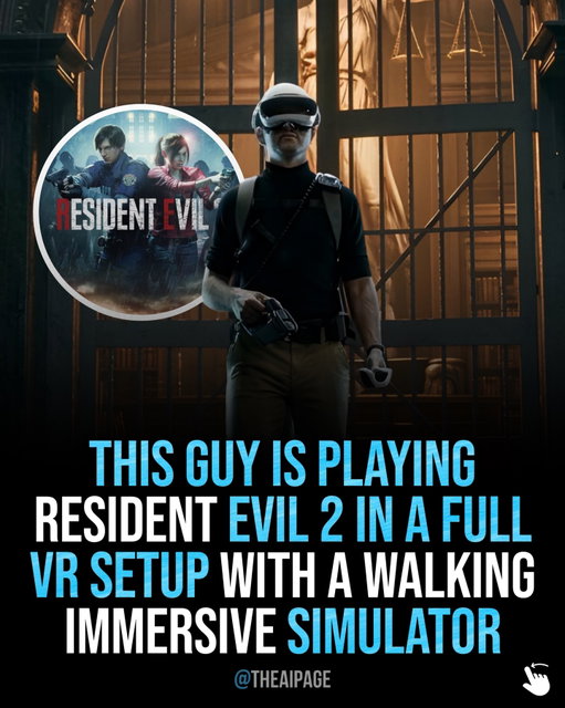 Someone is playing Resident Evil 2 in a fully immersive VR setup and it looks straight out of the future.

Using a virtual reality headset and a walking simulator platform, the player can physically walk, turn, and move through the game world as if they’re actually inside it.

Every step, movement, and reaction translates directly into the game, turning the survival horror experience into something far more intense and realistic.
- - - - -
Double Tap ♥️ & share/tag a friend
Follow @theaipage to keep up!
- - - - -
#VR #Gaming #ResidentEvil #VirtualReality