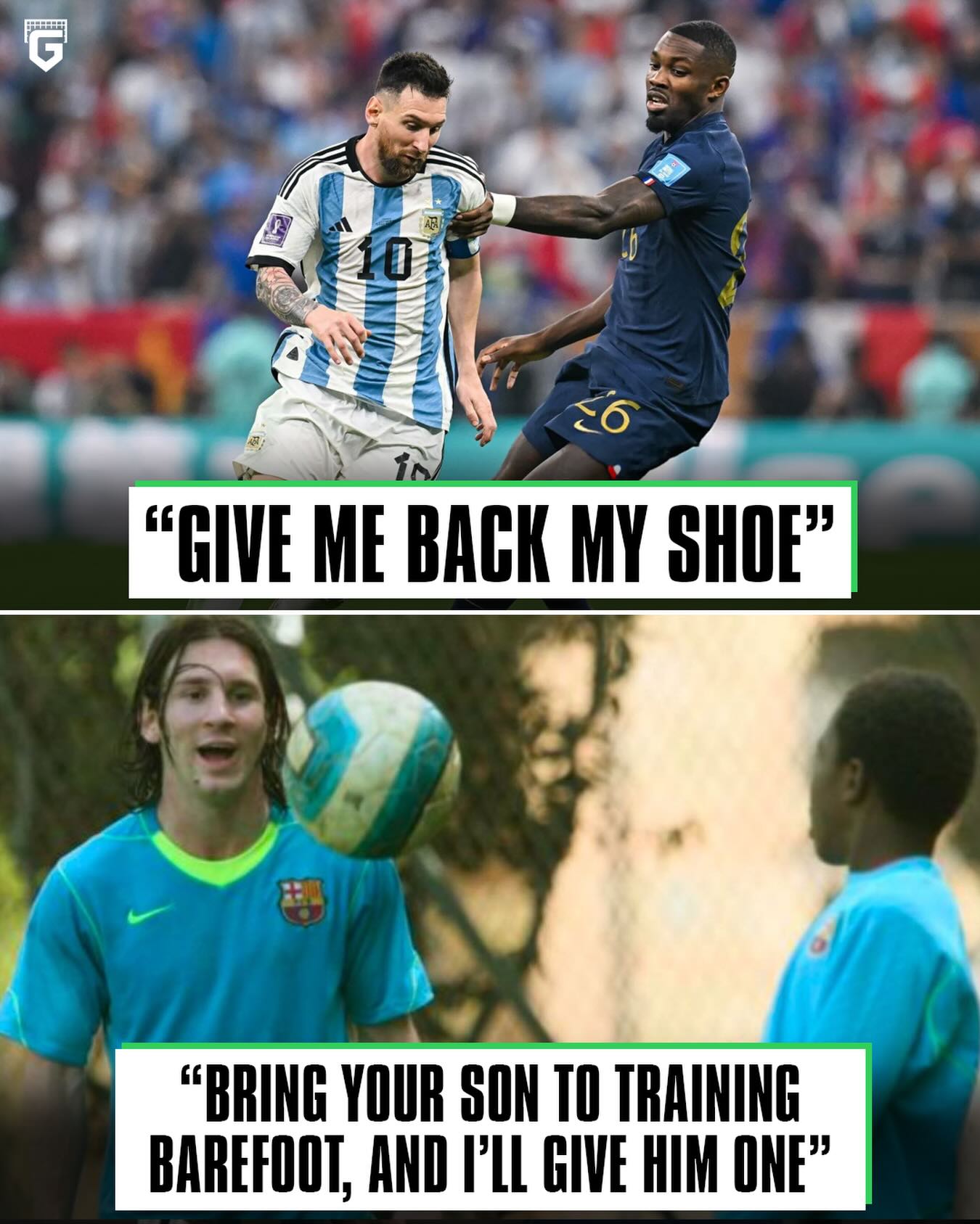 🇫🇷🗣 Marcus Thuram: “I have a funny story with Lionel Messi. 

When I was young, I went with my father to train at Barcelona because my father was a player there, and I had forgotten my shoes at home because I thought I had to go barefoot onto the field.

When I went in, my father told me he had to find me some shoes. 

Suddenly, Messi appeared and asked my father, ‘What’s going on?’ My father said, ‘He forgot his shoes at home.’ 

Messi started laughing, took off his shoes, and told me, ‘Put these on.’ I put them on, but they were too small for me. I went home, kept them, and I still have them to this day.
 
When I met Messi in the final, I told him the story, but he had forgotten about it, laughed, and said, ‘Give me my shoe back, now you have one.’ It made me laugh a lot, and I told him, ‘Bring your son to training barefoot, and I’ll give him one.’

Messi is a very humble person, a talent that will never be repeated, and the best player in football history.”