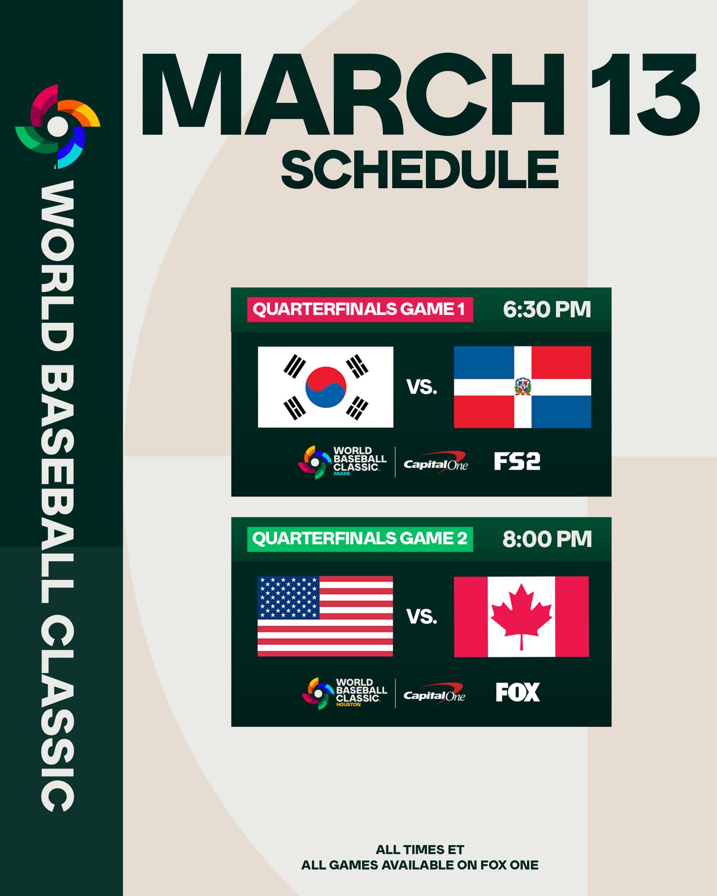 - Team Korea and Hyun Jin Ryu face off against Team Dominican Republic and Cristopher Sánchez on FS2

- Team USA and Logan Webb take on Team Canada and Michael Soroka on FOX

The #WorldBaseballClassic quarterfinals begin tonight!