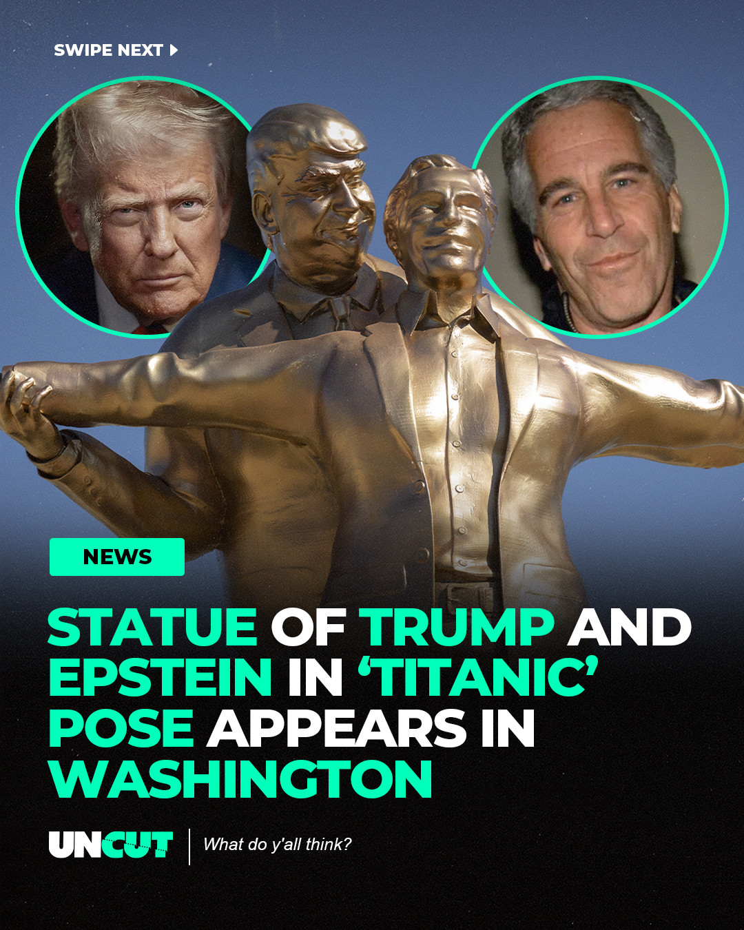 A gold statue depicting Donald Trump and Jeffrey Epstein in the iconic pose from Titanic has appeared on the National Mall in Washington, D.C. 😳⁠
⁠
The nearly 12 foot sculpture titled “King of the World” shows Trump standing behind Epstein with arms outstretched recreating the famous bow scene from the film and was reportedly placed by an anonymous artist collective as part of a political art installation 🗿⁠
⁠
What do y’all think⁉️👀