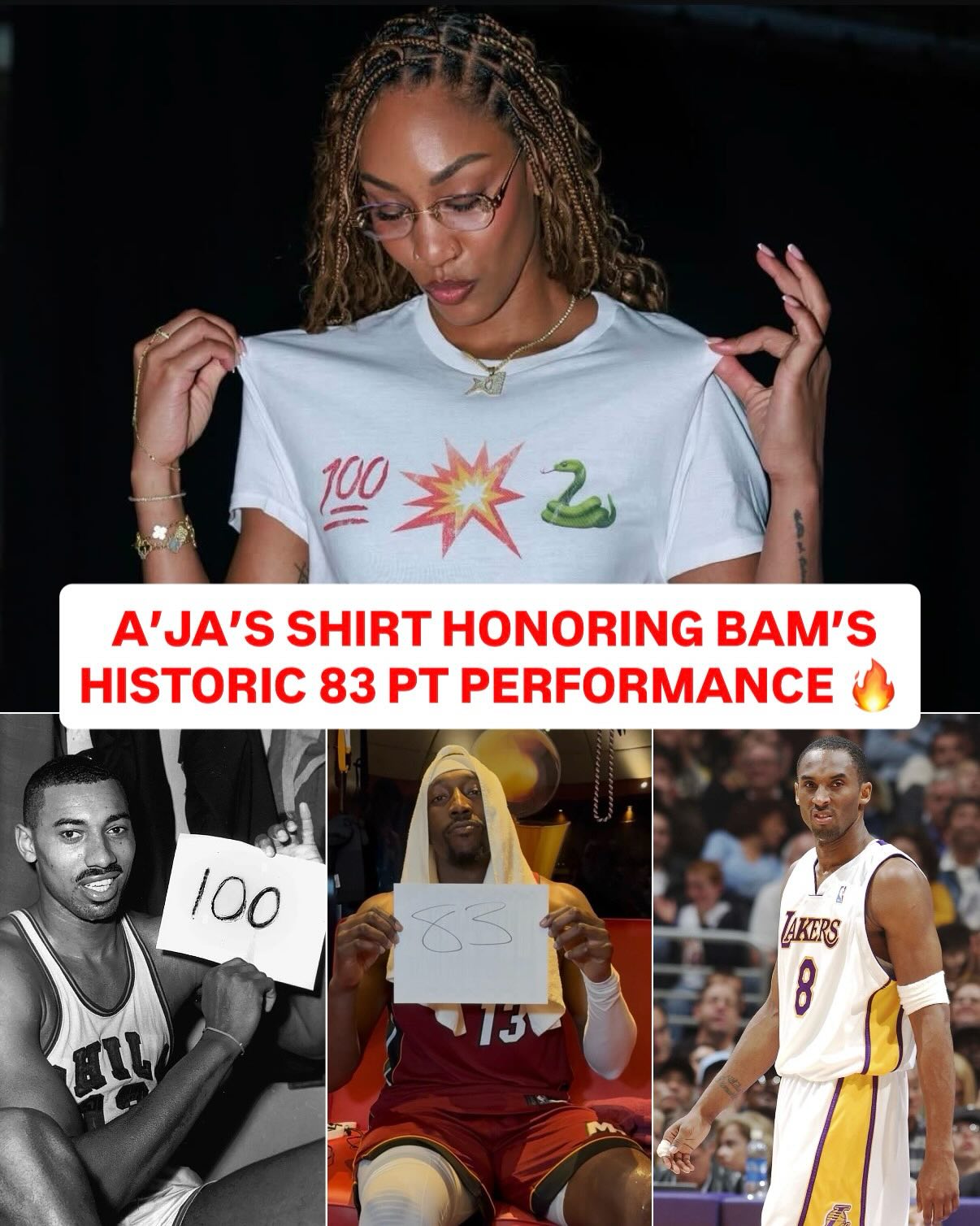 A’ja got a custom shirt made to celebrate her boyfriend, Bam Adebayo, after he scored the second most points in a single game in NBA history against the Wizards on Tuesday 🙌

Wilt Chamberlain - 100 PTS, 1962
Bam Adebayo - 83 PTS, 2026
Kobe Bryant - 81 PTS, 2006

A’ja is tied for the highest single scoring game in WNBA history with 53 PTS. Power couple. 

(via @aja22wilson, @bam1of1, @klevershirtz)