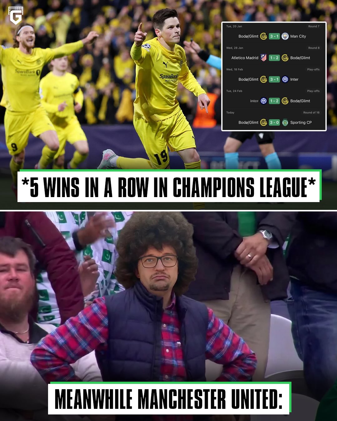 Bodø/Glimt really won 5 games in a row in the Champions league before Manchester United have won 5 in the Premier League 😂

One of the Bodo fans was seen shaving his hair in the stadium after the 5th consecutive win 🪒