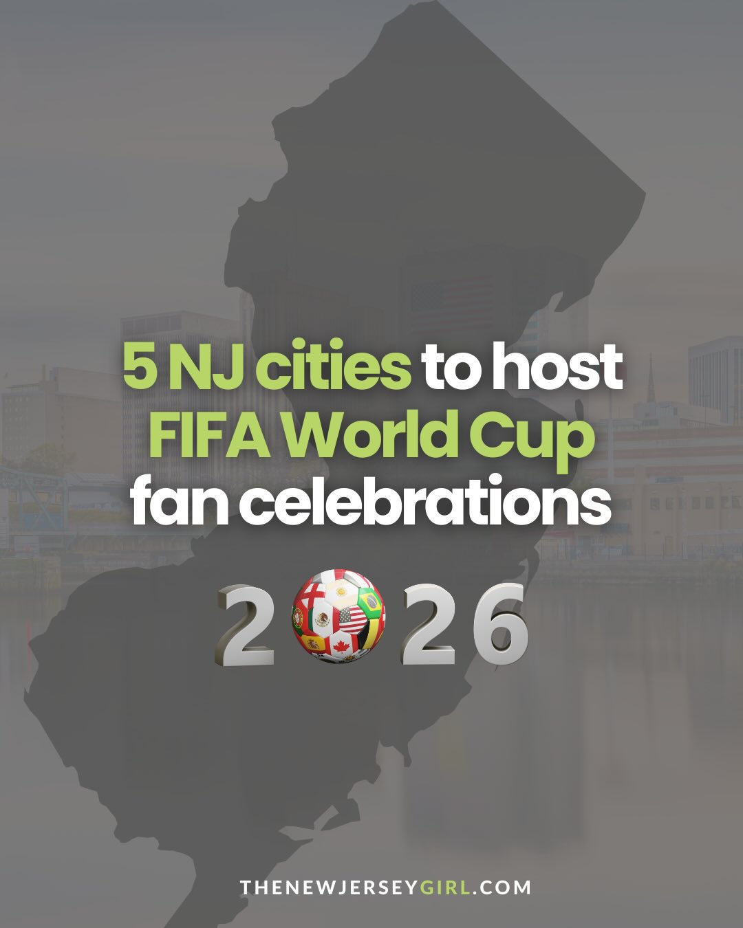 The World Cup is coming to New Jersey + the celebrations are coming with it.

World Cup-related festivities will take place in 5 Northern New Jersey “Flag Cities” as part of a series of celebrations happening throughout June 2026.

Here are the dates + locations to keep on your radar:

⚽ Friday, June 12 – Christopher Columbus Drive, Jersey City
⚽ Sunday, June 14 – Overpeck Park, Bergen County
⚽ Sunday, June 21 – Laurel Hill Park, Secaucus
⚽ Wednesday, June 24 – Mulberry Plaza, Newark
⚽ Friday, June 26 – Downtown East Rutherford

See more World Cup updates + NJ news at TheNewJerseyGirl.com