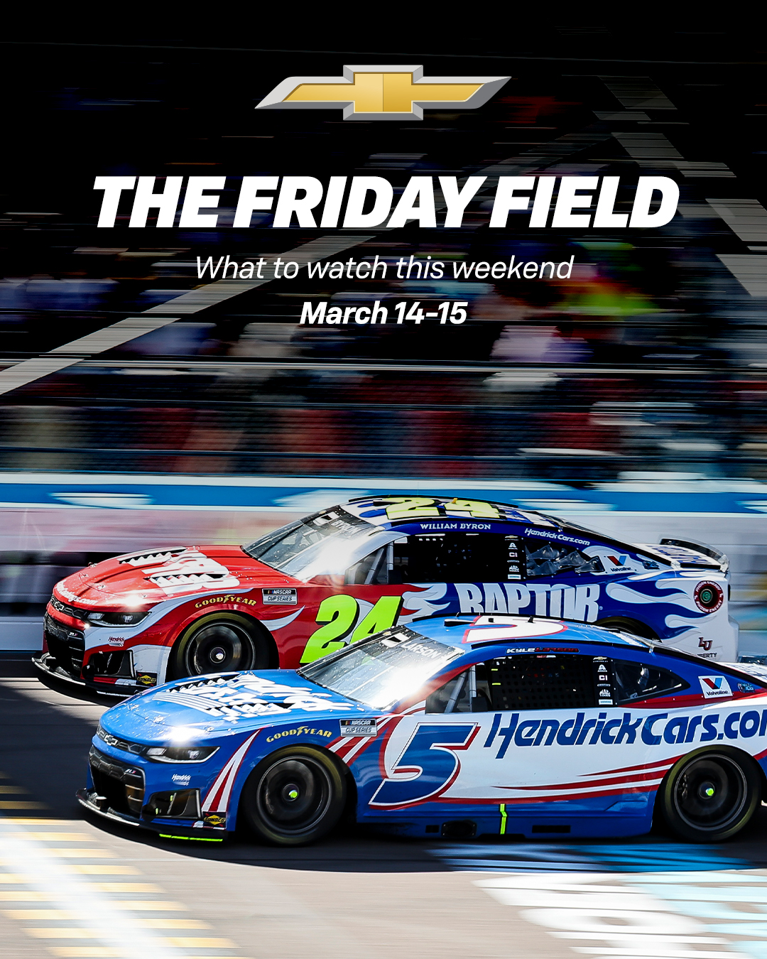 Here's where #TeamChevy will be this weekend:

The LiUNA!
🗓️Saturday, 3.14 | 5:30 PM
📍Las Vegas Motor Speedway
📺 CW, PRN, SiriusXM Channel 90

Java House Grand Prix of Arlington
🗓️Sunday, 3.15 | 12:30 PM
📍Arlington Street Circuit
📺 FOX, INDYCAR Radio Network, SiriusXM Channel 218

Pennzoil 400 presented by Jiffy Lube
🗓️Sunday, 3.15 | 4:00 PM EST
📍Las Vegas Motor Speedway
📺 FS1, PRN, SiriusXM Channel 90, HBO Max