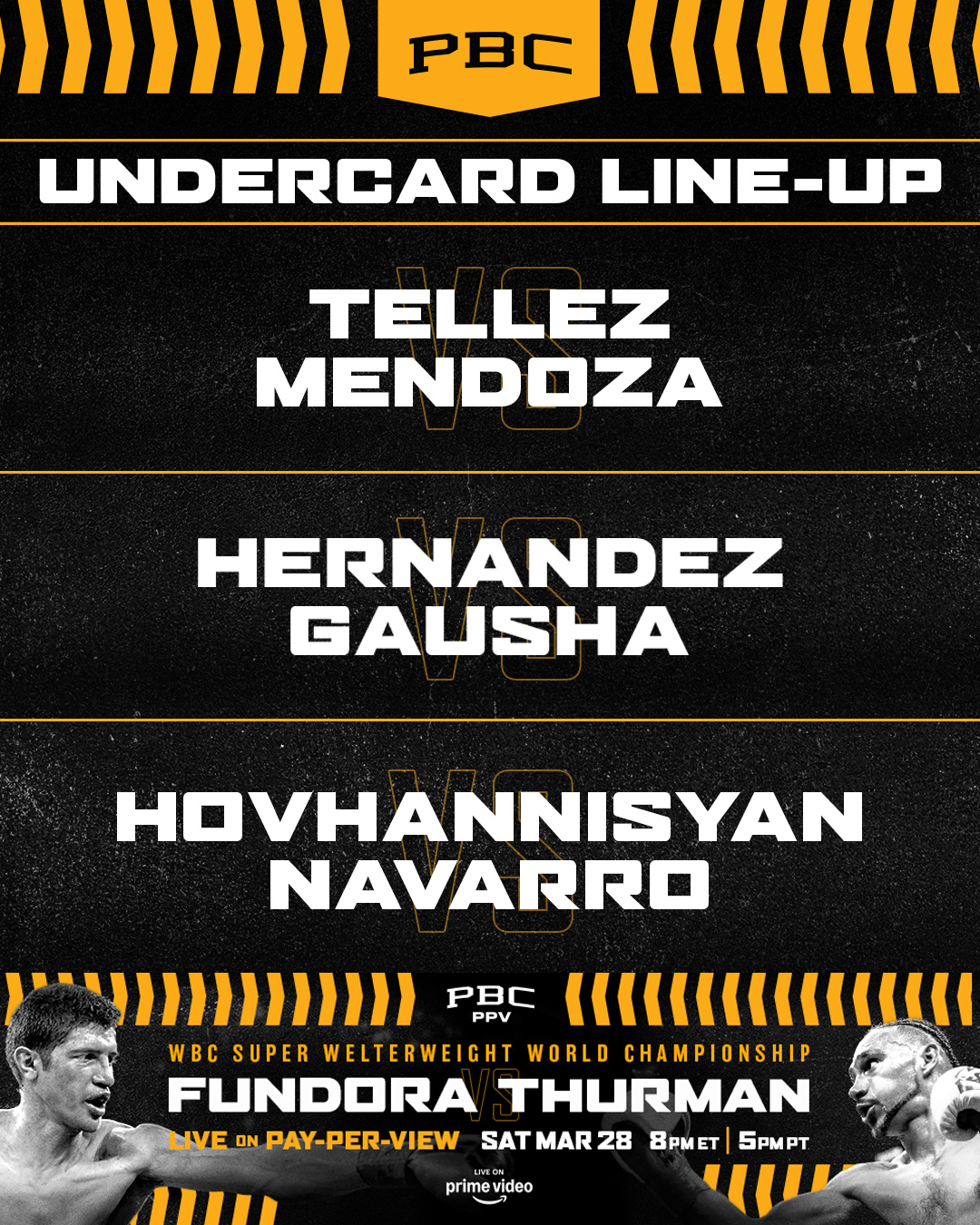 🚨 𝗙𝗜𝗚𝗛𝗧 𝗨𝗣𝗗𝗔𝗧𝗘 🚨

Rising young Cuban star Yoenis Tellez will square off against top contender Brian Mendoza in a super welterweight showdown between former interim champions that serves as the new co-main event of a PBC Pay-Per-View event available on Prime Video on Saturday, March 28 from the MGM Grand Garden Arena in Las Vegas.

This fight replaces the previously announced Frank Sanchez vs. Richard Torrez Jr. bout, which has been postponed.

The pay-per-view will now open up with undefeated heavyweight slugger Gurgen Hovhannisyan stepping in to face Cesar Navarro in a 10-round showdown at 8 p.m. ET/5 p.m. PT, and also feature the showdown between undefeated top-rated middleweight Yoenli Hernandez and battle-tested U.S. Olympian Terrell Gausha.

Exciting young star Elijah Garcia and super middleweight contender Kevin Newman II will now meet in the main event of PBC on Prime Video action streaming live and for free on Prime Video prior to the pay-per-view. The complete lineup of fights that lead into the pay-per-view will be announced shortly.

The jam-packed card is topped by WBC Super Welterweight World Champion Sebastian “The Towering Inferno” Fundora defending his world title against former unified world champion Keith “One Time” Thurman in the main event.