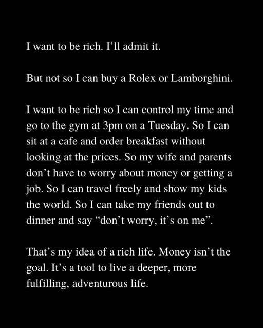 I want to be rich.
~~
Ps. If you’re new here, I’m Jay Yang. I wrote a book called You Can Just Do Things about how to create opportunities in your life without waiting for permission.

Every week, I write a free newsletter called The Spark to 10,000 readers where I share what I’m learning about strategy, decision-making, and building a career.

Readers have said it’s the newsletter they “can’t wait to open every Sunday.”

Comment “SPARK” and I’ll send you an invite to join the newsletter!