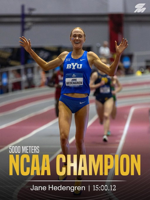 AMAZING JANE 🤩

After finishing second behind rival Doris Lemngole in their first two matchups, third time’s the charm for @byutrackfieldxc’s @janehedengren , who winds up the field from the front to win her first #NCAATF title in the 5000m with a 15:00.13 run.

Hedengren, a true freshman in her first track NCAAs, ran like a savvy vet, ratcheting down the pace each lap and closing in 64 seconds for her final 400m to separate from Lemngole, who takes second in 15:03.42.

📸: @brandonforprez