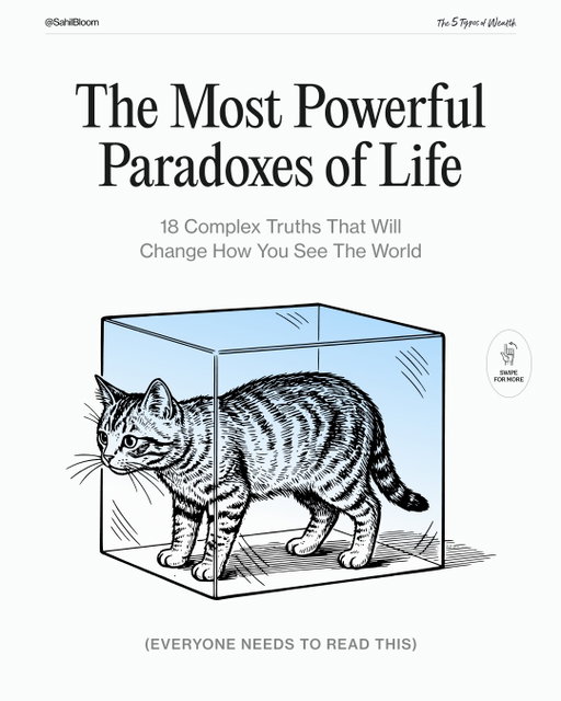 The most powerful paradoxes of life…

It’s tempting to view the world in black and white.

Everyone wants you to do that. It’s easier to do that. It’s more comfortable to do that.

But the world is more complex than that.

Many of life’s most powerful truths appear entirely contradictory on the surface.

They are paradoxes.

Seemingly absurd or self-contradictory ideas that, when investigated or explained, prove to be true.

Over the years, I’ve compiled a list of the paradoxes I’ve observed. The complex truths that govern our lives and defy our desire for the default comfort of black and white.

Here are 18 paradoxes that will change how you see the world...

#growth #mindset #relationships #wealth #money