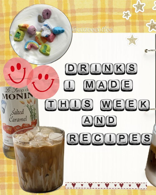 drinks I made this week and the recipes so you can recreate them at home 💫

• Cinnamon Toast Crunch Cereal Milk Iced Latte 
• Lucky Charms Latte 
• Double Caramel Latte 

- both of the cereal latte syrup combos are originally from @mamamadecoffee 🤎

#icedcoffee #coffeerecipe #espressogram #junkjournals