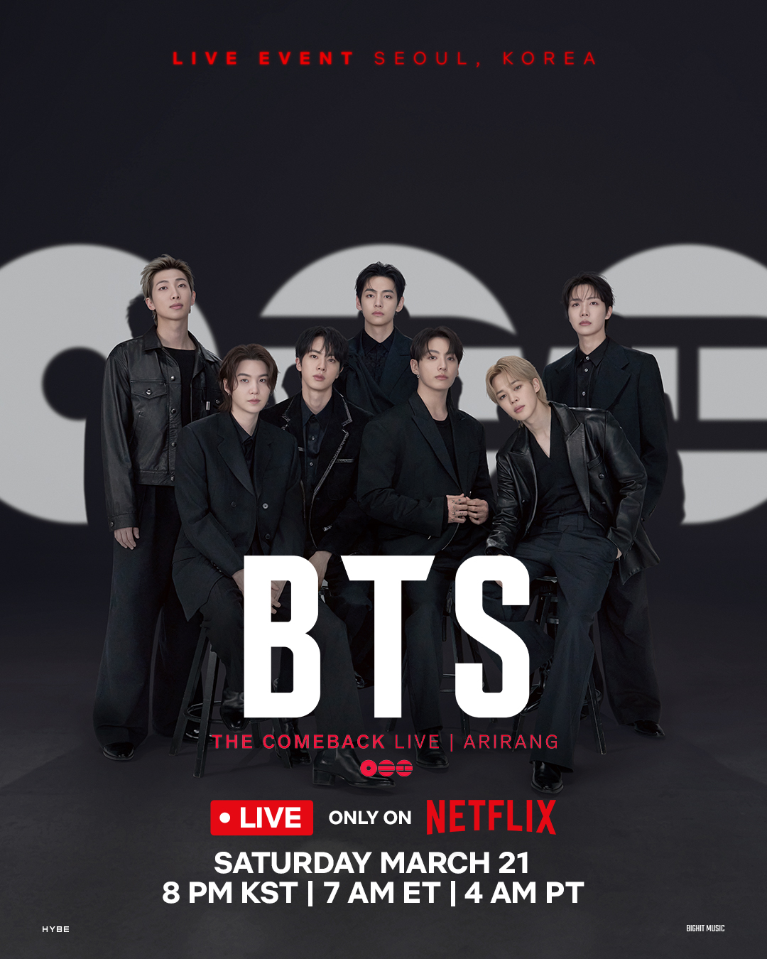 In 1 week, we will all be tuned in. BTS THE COMEBACK LIVE | ARIRANG. March 21 8pm KST / 4am PT. LIVE worldwide exclusively on Netflix.

#BTSLiveonNetflix #BTS_ARIRANG