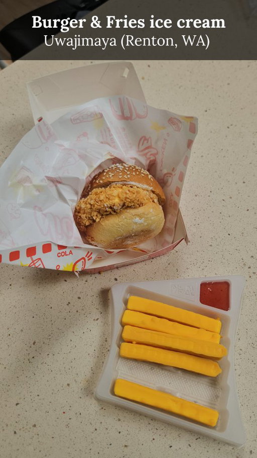 Trying out more fun shaped ice creams, this time these fries and burger ones! 🍟🍔🍦🍟🍔 these ones from 📍@uwajimaya (I went to the Renton location!)

These were $4.49 each. The chocolate on the fries were a little thick and I wasn't allergic fan of the jam. I liked the crunchy ice cream and the salted butter flavor. The texture I felt were better than the fried chicken drumstick ice cream if you ever had those.  The bun and cheese were not my favorite either but it was still fun to try.

And yes, the fruit shaped ice cream were below it on the end cap! 

Which would you try first?

#fruit #kfceats #seattleblogger  #seattlefoodie #uwajimaya