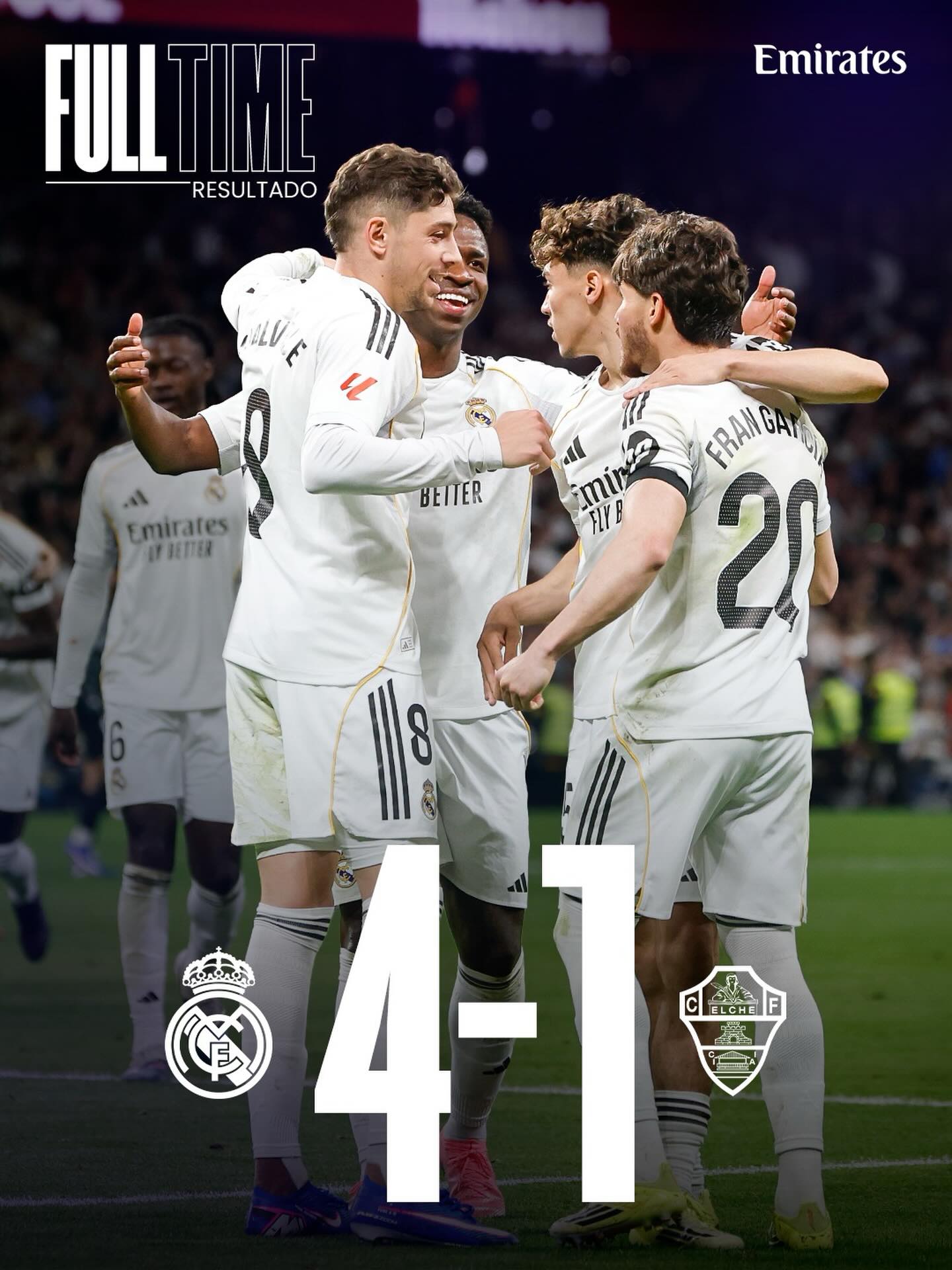 🏁 FT: Real Madrid 4-1 Elche
⚽ 39’ @toniruediger
⚽ 45’ @fedevalverde
⚽ 66’ @dhuijsen
⚽ 85’ Manuel Ángel (o.g)
⚽ 89’ @ArdaGuler
@Emirates | #RealMadridElche