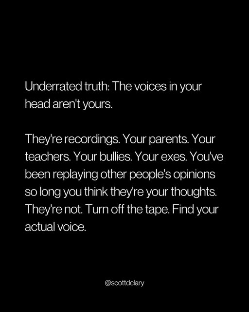Most people think they have an inner critic.

They don’t.

They have an inner playlist of everyone who ever made them feel small.

Parents. Teachers. Exes. Bosses.

Hit pause.

Ask yourself one question:

“If no one had ever told me who to be, what would I choose right now?”

That answer is your real voice.

Start listening to it.

—

I write a weekly newsletter where I unpack these ideas.

→ newsletter.scottdclary.com