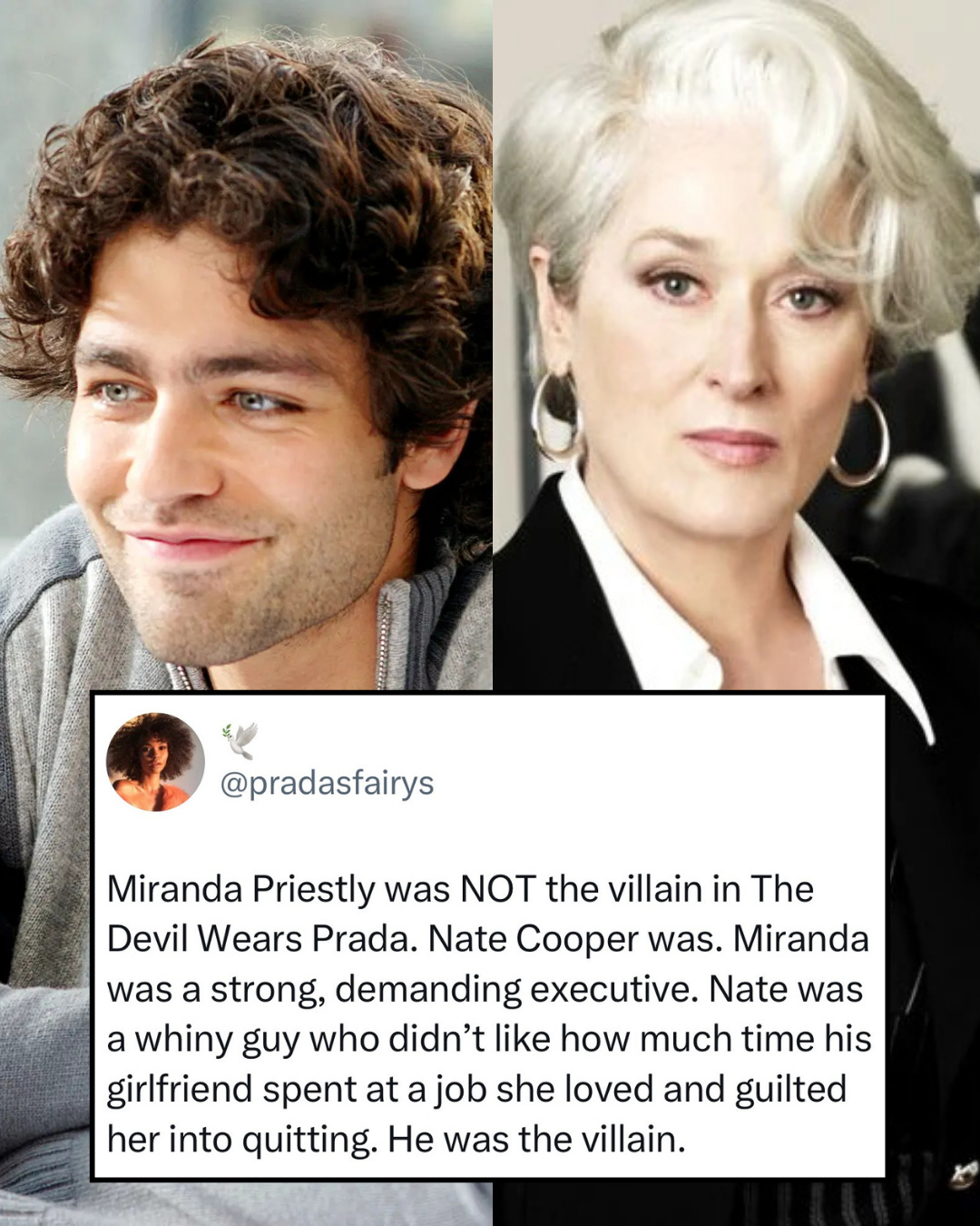 Let's settle this!!! Who's the real villain in #TheDevilWearsPrada: Nate or Miranda Priestly? 👠 #AdrianGrenier recently revealed he was "disappointed" to not be asked to return to the sequel, but "also [understands] there was some backlash" with his character. But while making an appearance on Watch What Happens Live in 2022, #AnneHathaway revealed she never considered Nate to be a villain. Thoughts? ⁠
⁠
Photos: Getty / 'The Devil Wears Prada' (pradasfairys on X)