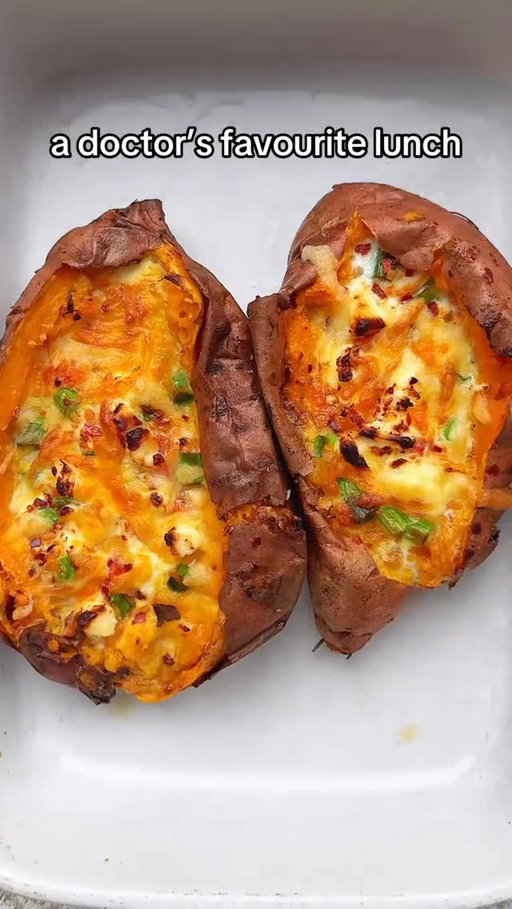 Sweet Potato Egg Boats 🥔🥚✨
(via: @doctorbowl)

I didn’t think a baked sweet potato could get better… but THIS combo? Next level 🤌 Soft, naturally sweet potato filled with fluffy eggs, veggies, and salty feta. Easy, nutrient-packed, and perfect for lunch or meal prep.

🛒 Ingredients (Serves 2–4)
2 large sweet potatoes
2 eggs
¼ cup milk
1 spring onion, chopped
½ red pepper, finely chopped
Handful feta cheese
Olive oil
Salt & pepper

👩‍🍳 Directions
Preheat oven to 200°C (400°F).
Wash and dry the sweet potatoes. Prick all over with a fork, brush lightly with oil, and bake for 45–50 minutes until soft. (You can also air fry ~25 minutes or microwave until tender.)
Remove and let cool slightly.
In a bowl, beat the eggs with milk.
Slice the sweet potatoes in half lengthwise. Gently mash the center to create a well. Season with salt and pepper.
Add spring onion and red pepper. Pour the egg mixture evenly into each potato half and top with feta.
Bake or air fry again for 15–20 minutes until the eggs are set and lightly golden.
Let cool slightly before serving.

Perfect post-workout fuel, high-protein lunch, or balanced dinner with a side salad. You can swap in spinach, mushrooms, or even cottage cheese for extra protein.

Subscribe to @EatingHealthyToday for exclusive recipes, viral meal ideas & daily food inspiration you won’t find anywhere else! 🍽️✨