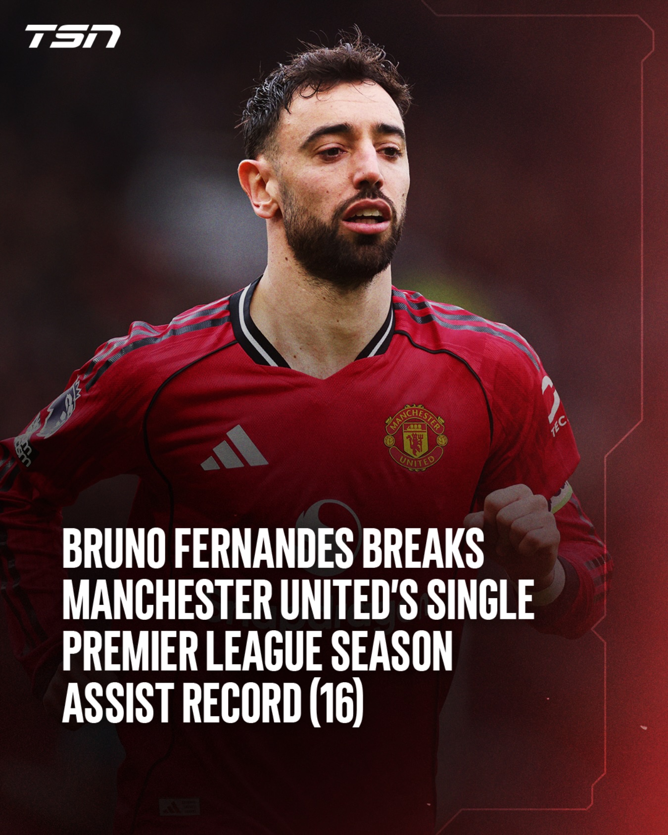 Bruno Fernandes has broken Manchester United’s single Premier League season assist record after recording two against Aston Villa today! 🔴

He passes David Beckham who previously held the record after tallying 15 in 1999/00.