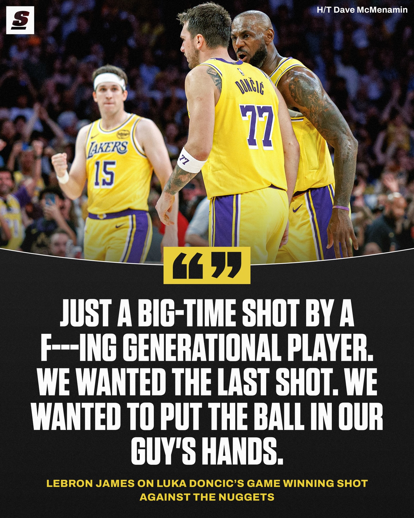 LeBron James was effusive in his praise for Luka Doncic after his teammate nailed the game-winning bucket in Saturday’s thrilling 127-125 overtime victory over the Nuggets. 👏
[via @davemcten, @lakersalldayeveryday]