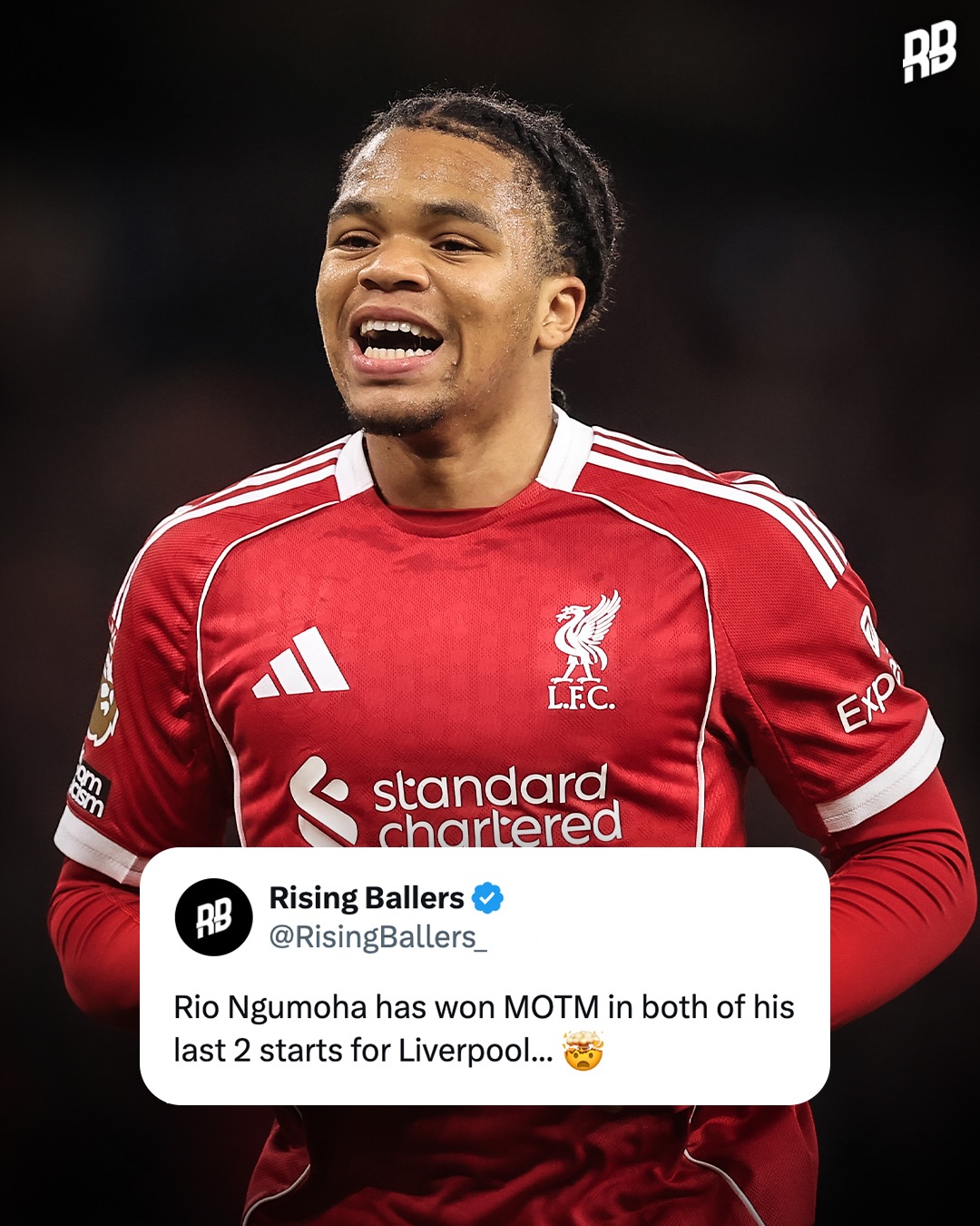 Rio Ngumoha is different. Won Man of the Match against Tottenham today… in his first ever Premier League start. Also won it in his last start against Wolves last week… he’s proving why he deserves to start every time he steps on that pitch 😮‍💨

Only started 5 times for Liverpool this season… but right now he looks undroppable. Might actually be Liverpool’s most threatening attacker right now. Admin wants to see him starting every week till the end of the season 🤞🏽

Big day for Rio. Congrats bro… @rio_ngumoha 👏🏽❤️