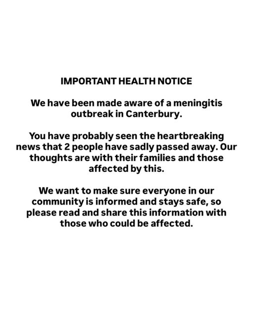 Important health notice following the meningitis outbreak in Canterbury. Please read this and share with those who could be impacted by this ❤️‍🩹

For more detailed information on meningitis, please look on the gov.co.uk website.