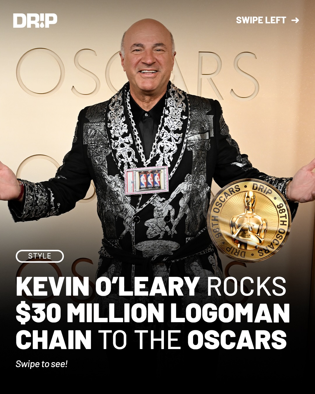 Kevin O’Leary brought a masterpiece to the Oscars 🤯

The Triple Logoman chain is a bespoke Tiffany & Co. piece crafted in white gold, diamonds, and perfectly matched rubies.

It features game-used Logomans from Michael Jordan, Kobe Bryant, and LeBron James and is also the only PSA 10 Exquisite Logoman ever graded ‼️

Thoughts ⁉️