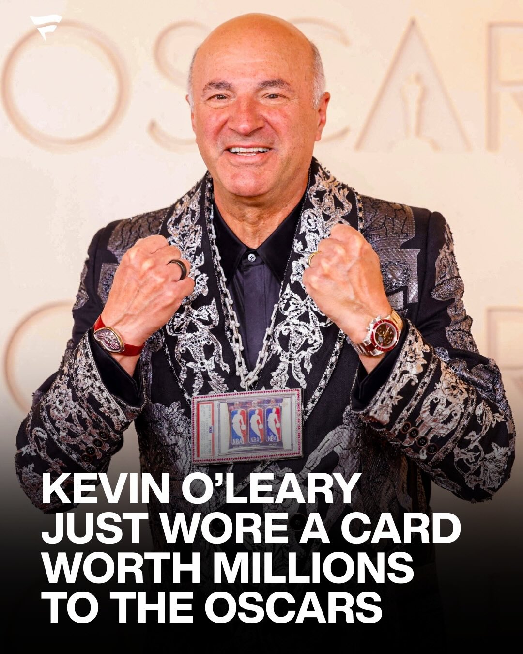 He says it could be worth $25-30 million 🤯

Kevin O’Leary just pulled up to the Oscars with one of the rarest basketball cards in the world. A 1-of-1 card that features Logoman patches taken from game-worn jerseys of Michael Jordan, Kobe Bryant, and LeBron James.

For the red carpet, Tiffany & Co. transformed the card into a bespoke chain crafted with white gold, diamonds, and perfectly matched rubies.