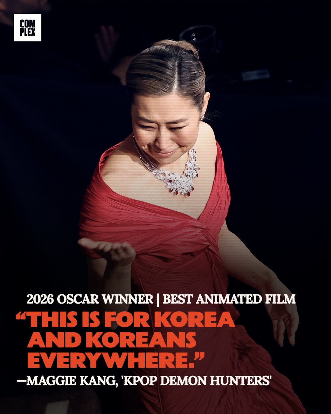 Maggie Kang delivered an emotional acceptance speech for ‘KPOP DEMON HUNTER’ and its win for Best Animated Film. 

“I’m sorry that it took us so long to see us in a movie like this, but it is here. And that means that the next generations don’t have to go longing.”

LINK IN @complexpop BIO to shop the collection 🔗