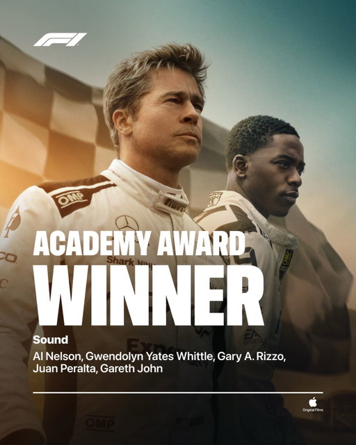 Congratulations to the entire #F1TheMovie sound team on their Academy Award.